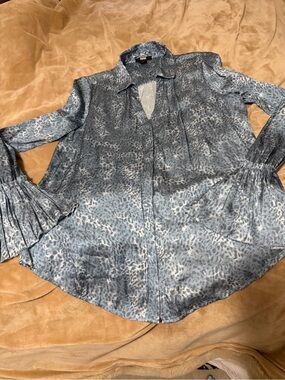 PAIGE Blue Animal-Print Satin Blouse Women’s Small